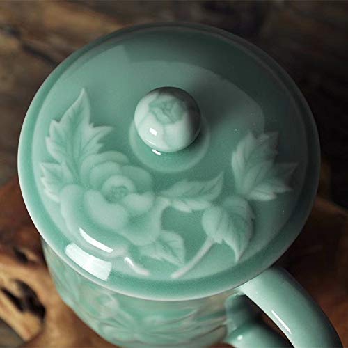 Teacups 13oz Coffee Mugs with Lid Porcelain Cups Embossed with Peony Chinese Celadon(01-Sky Blue)