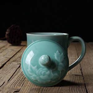 Teacups 13oz Coffee Mugs with Lid Porcelain Cups Embossed with Peony Chinese Celadon(01-Sky Blue)