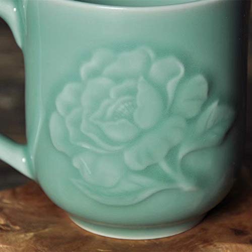 Teacups 13oz Coffee Mugs with Lid Porcelain Cups Embossed with Peony Chinese Celadon(01-Sky Blue)