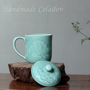 Teacups 13oz Coffee Mugs with Lid Porcelain Cups Embossed with Peony Chinese Celadon(01-Sky Blue)