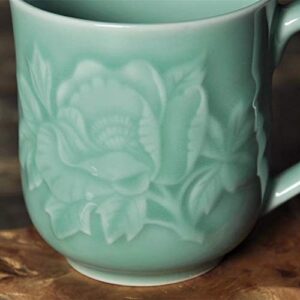 Teacups 13oz Coffee Mugs with Lid Porcelain Cups Embossed with Peony Chinese Celadon(01-Sky Blue)