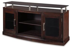 signature design by ashley chanceen traditional tv stand fits tvs up to 58", raised glass top, adjustable shelf and 2 cabinets for storage, dark brown
