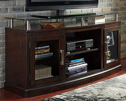 Signature Design by Ashley Chanceen Traditional TV Stand Fits TVs up to 58", Raised Glass Top, Adjustable Shelf and 2 Cabinets For Storage, Dark Brown