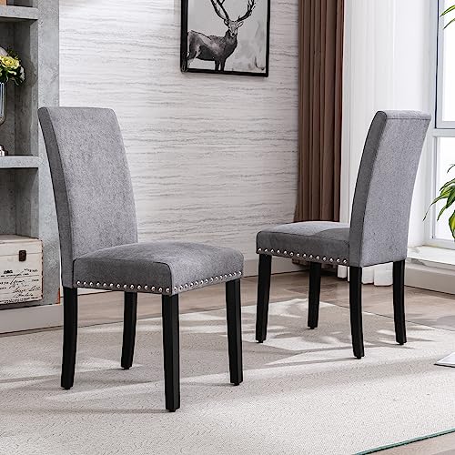 GOTMINSI Dining Chairs Set of 4 Upholstered Accent Dining Room Chairs Padded Parson Kitchen Chairs with Silver Nails and Solid Wood Legs (Grey)