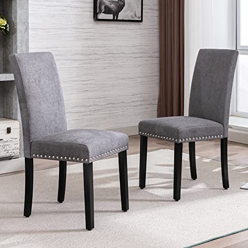 GOTMINSI Dining Chairs Set of 4 Upholstered Accent Dining Room Chairs Padded Parson Kitchen Chairs with Silver Nails and Solid Wood Legs (Grey)