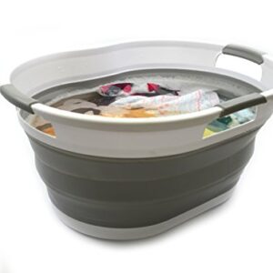 SAMMART 36L (9.5 Gallon) Collapsible 3 Handled Plastic Laundry Basket-Foldable Pop Up Storage Container-Portable Washing Tub-Space Saving Basket/Water Capacity 27L/7.1 Gallon (1, Grey)