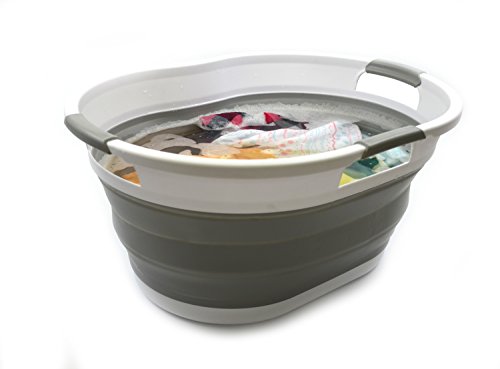 SAMMART 36L (9.5 Gallon) Collapsible 3 Handled Plastic Laundry Basket-Foldable Pop Up Storage Container-Portable Washing Tub-Space Saving Basket/Water Capacity 27L/7.1 Gallon (1, Grey)