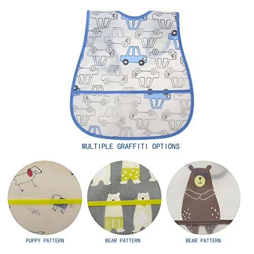 Baby Bib Baby Food Bib Toddler Bibs Baby Bibs Waterproof Baby Bib Infant with Snaps boys bibs for toddlers baby bibs toddler bibs plastic bibs bib with food catcher- 4pcs(Car Puppy Bear)