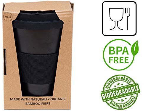 Reusable Coffee Cup Travel Mug Eco-Friendly Bamboo Fibre Silicon Natural 15oz (Black)