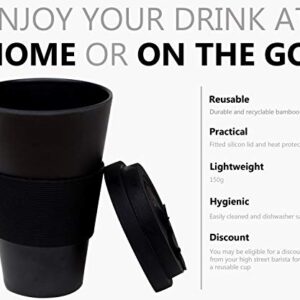 Reusable Coffee Cup Travel Mug Eco-Friendly Bamboo Fibre Silicon Natural 15oz (Black)