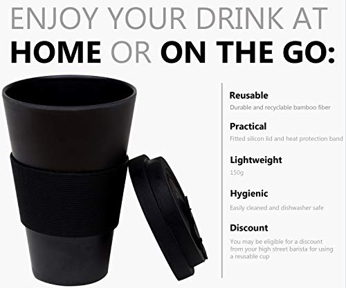 Reusable Coffee Cup Travel Mug Eco-Friendly Bamboo Fibre Silicon Natural 15oz (Black)