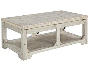 signature design by ashley fregine farmhouse rectangular lift top coffee table with floor shelf, whitewash with weathered finish