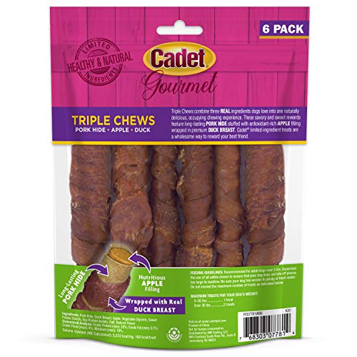 Cadet Gourmet Triple Chews Pork Hide, Apple, & Duck Dog Treats - Healthy Dog Treats for Small & Large Dogs - Inspected & Tested in USA (6 Count)