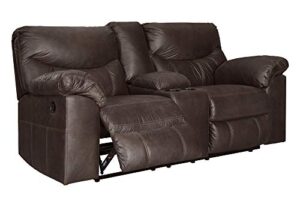 signature design by ashley boxberg faux leather manual double reclining loveseat with center console, dark brown