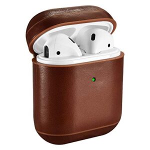 airpods case, icarer genuine airpods leather case (the front led visible) wireless charging cover for apple airpod 2 & 1 (brown)