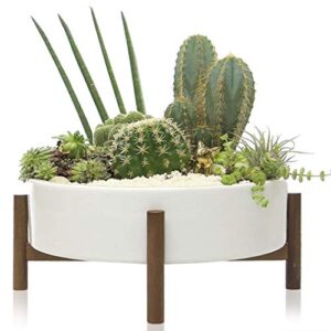 kimisty 10 inch succulent planter, large round bowl with drainage, mid century white ceramic pot with wood stand, succulent garden shallow pot, tabletop centrepiece, includes gift pack