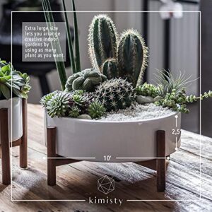 kimisty 10 Inch Succulent Planter, Large Round Bowl with Drainage, Mid Century White Ceramic Pot with Wood Stand, Succulent Garden Shallow Pot, Tabletop Centrepiece, Includes Gift Pack