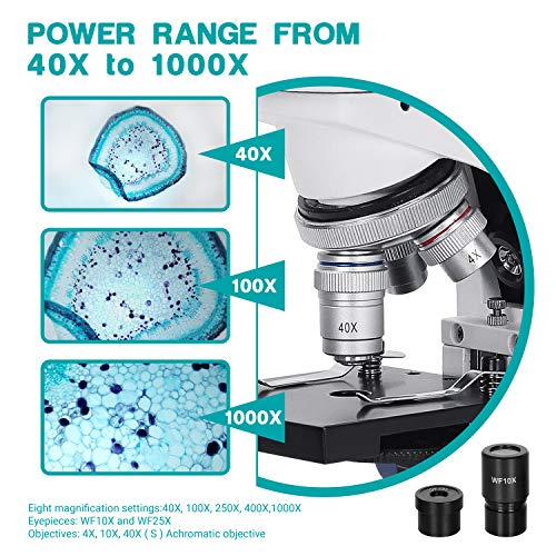 ESSLNB 1000X Microscope for Kids Students 40X-1000X Biological Compound Microscopes with Cell Phone Adapter Double Layer Stage Abbe Condenser and Slides