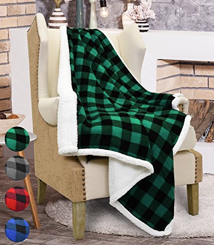 Catalonia Buffalo Plaid Green Sherpa Throw Blanket, Reversible Soft Fuzzy Comfy Snuggly Throws for Couch, 50x60 inches, St. Patrick Gift