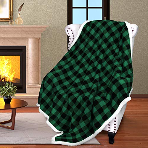 Catalonia Buffalo Plaid Green Sherpa Throw Blanket, Reversible Soft Fuzzy Comfy Snuggly Throws for Couch, 50x60 inches, St. Patrick Gift