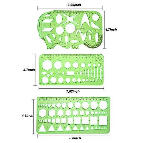 9 Pieces Drawings Templates Measuring Geometric Rulers Plastic Draft Rulers for School Office Supplies, Clear Green