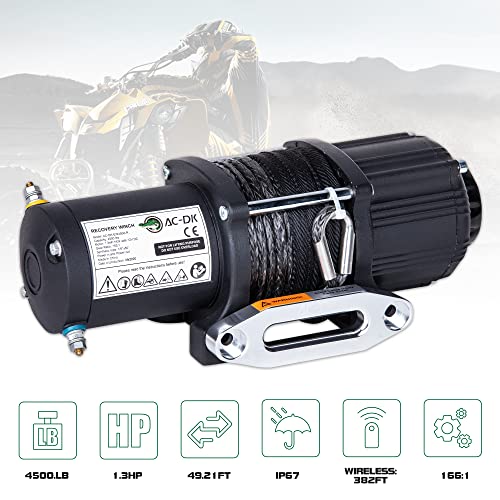 AC-DK 4500 lb. Electric Synthetic Rope ATV/UTV Winch Kits, DC 12V Wireless Winch for Towing Off Road Trailer Winch with Wireless Remote Control, Winch Mounting Bracket, Winch Rope Stopper