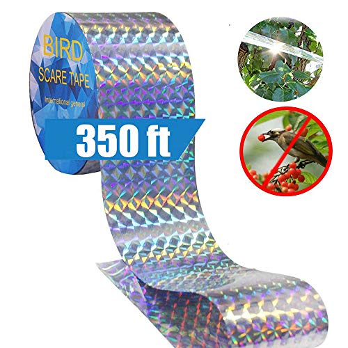 Reflective Scare Tape Ribbon, Double Sided Reflective Tape to Keep Birds Pigeons Crows, Woodpecker Away from Home, Garden (350ft Roll)