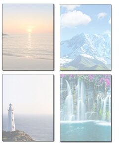 scenic stationery variety - 4 beautiful designs - 80 sheets - lighthouse, waterfall, mountain, & ocean beach sunset