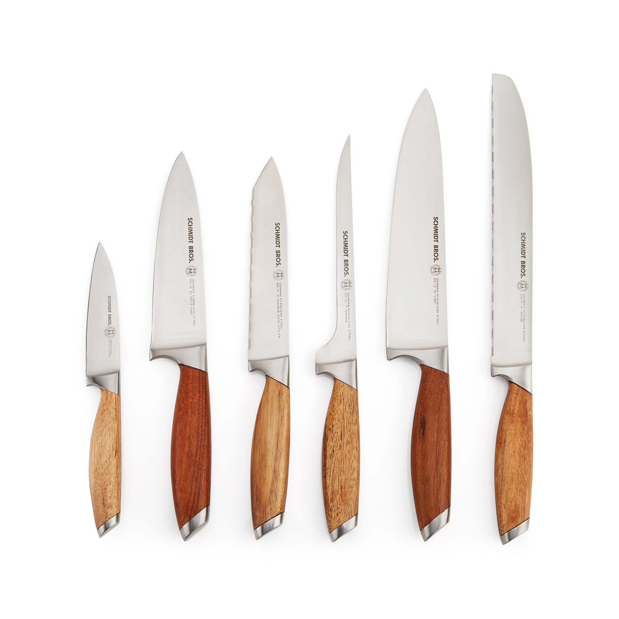Schmidt Brothers - Bonded Teak, 7-Piece Knife Set, High-Carbon Stainless Steel Cutlery with Midtown Acacia and Acrylic Magnetic Knife Block
