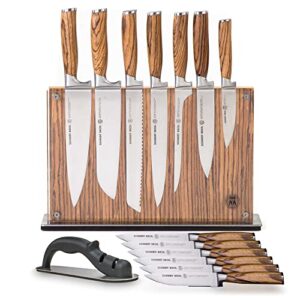 schmidt brothers - zebra wood, 15-piece kitchen knife set, high-carbon stainless steel cutlery with zebra wood and acrylic magnetic knife block and knife sharpener