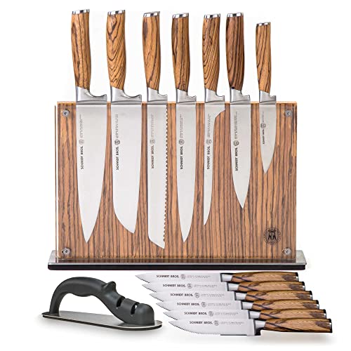 Schmidt Brothers - Zebra Wood, 15-Piece Kitchen Knife Set, High-Carbon Stainless Steel Cutlery with Zebra Wood and Acrylic Magnetic Knife Block and Knife Sharpener