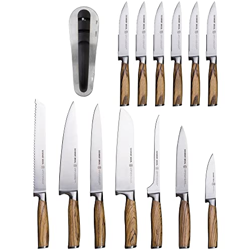 Schmidt Brothers - Zebra Wood, 15-Piece Kitchen Knife Set, High-Carbon Stainless Steel Cutlery with Zebra Wood and Acrylic Magnetic Knife Block and Knife Sharpener