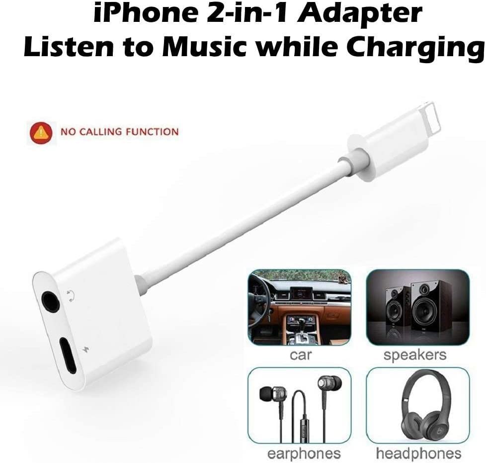 Lightning 2-in-1 iPhone Audio Adapter, 3.5mm Headphone and Lightning Charger Adapter for 8/8 Plus iPhone 7/7 Plus 10 iPad iPod Earphone Adapter Aux Audio Supports iOS 11, Great with Car and Home Audio