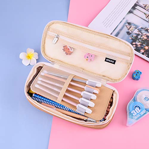 iSuperb Foldable Pencil Case Zipper Big Capacity Canvas Pencil Pouch Stationery Organizers Pen Bag Compartments Cosmetic Makeup Bags for Women (Khaki+Beige)