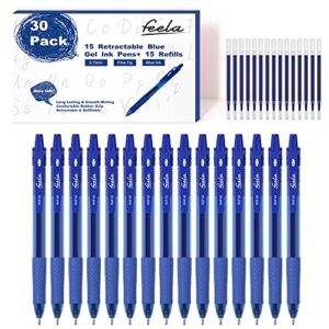 feela 30 pack retractable blue ink gel pens set medium point 15 piece fine point gel pen with 15 refills for smooth writing