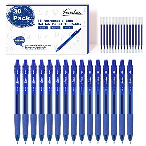 feela 30 Pack Retractable Blue Ink Gel Pens Set Medium Point 15 Piece Fine Point Gel Pen with 15 Refills for Smooth Writing