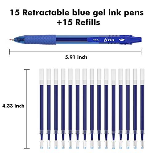 feela 30 Pack Retractable Blue Ink Gel Pens Set Medium Point 15 Piece Fine Point Gel Pen with 15 Refills for Smooth Writing