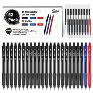 feela 52 pack retractable black ink gel pens, premium medium point rollerball pens for smooth writing with comfort grip(19 black with 27 refills+1 blue with 2 refills+1 red with 2 refills)