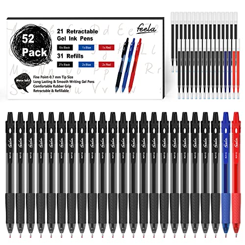 feela 52 Pack Retractable Black Ink Gel Pens, Premium Medium Point Rollerball Pens for Smooth Writing with Comfort Grip(19 Black with 27 Refills+1 Blue with 2 Refills+1 Red with 2 Refills)