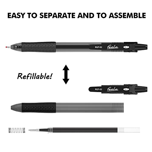 feela 52 Pack Retractable Black Ink Gel Pens, Premium Medium Point Rollerball Pens for Smooth Writing with Comfort Grip(19 Black with 27 Refills+1 Blue with 2 Refills+1 Red with 2 Refills)