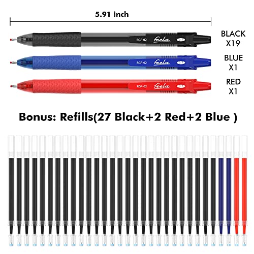 feela 52 Pack Retractable Black Ink Gel Pens, Premium Medium Point Rollerball Pens for Smooth Writing with Comfort Grip(19 Black with 27 Refills+1 Blue with 2 Refills+1 Red with 2 Refills)