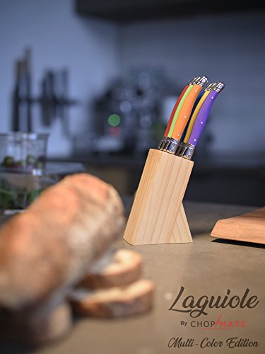 Chopmate - Laguiole Style - Stainless Steel Premium Steak Knife Set - Vibrant Multi Color Edition - 6 Piece Set + Bonus Wood Storage Display Block