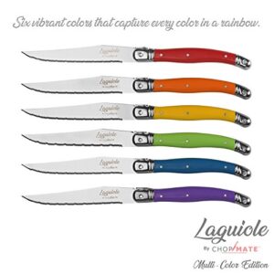 Chopmate - Laguiole Style - Stainless Steel Premium Steak Knife Set - Vibrant Multi Color Edition - 6 Piece Set + Bonus Wood Storage Display Block