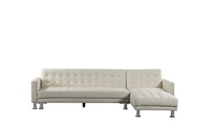 velago attalens white modern convertible sectional sofa | leather sleeper queen size | reversible chaise lounge | contemporary living room furniture, 116"