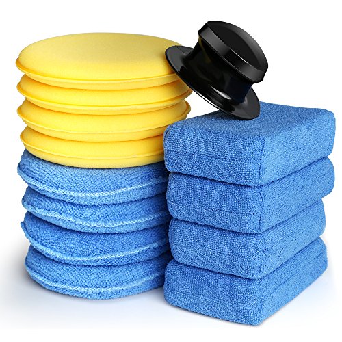 Electop 13 Pcs Car Wax Applicator Pads Kit 5 inch Microfiber Applicator Pads Blue Rectangle Microfiber Sponge Applicators Yellow Soft Foam Waxing Pad with Grip Handle