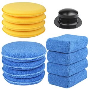 Electop 13 Pcs Car Wax Applicator Pads Kit 5 inch Microfiber Applicator Pads Blue Rectangle Microfiber Sponge Applicators Yellow Soft Foam Waxing Pad with Grip Handle