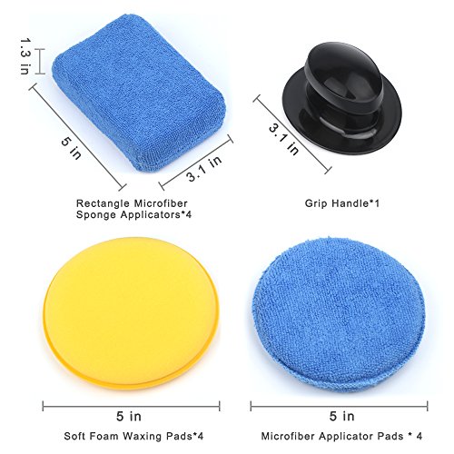 Electop 13 Pcs Car Wax Applicator Pads Kit 5 inch Microfiber Applicator Pads Blue Rectangle Microfiber Sponge Applicators Yellow Soft Foam Waxing Pad with Grip Handle