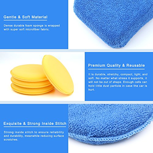 Electop 13 Pcs Car Wax Applicator Pads Kit 5 inch Microfiber Applicator Pads Blue Rectangle Microfiber Sponge Applicators Yellow Soft Foam Waxing Pad with Grip Handle