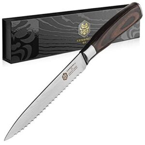 kessaku serrated utility knife - 5.5 inch - samurai series - razor sharp kitchen knife - forged 7cr17mov high carbon stainless steel - wood handle with blade guard