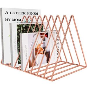 files folder stand desktop file organizer, triangle wire magazine holder book shelf, 9 slot file sorter eye-catching decoration for indoor office home, photography props, fashion in ins (rose gold)